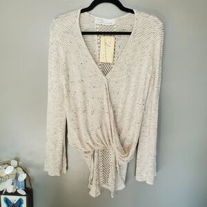 Vintage Havana Faux Wrap Top Womens Small Ivory Crochet Back Bell Sleeve New